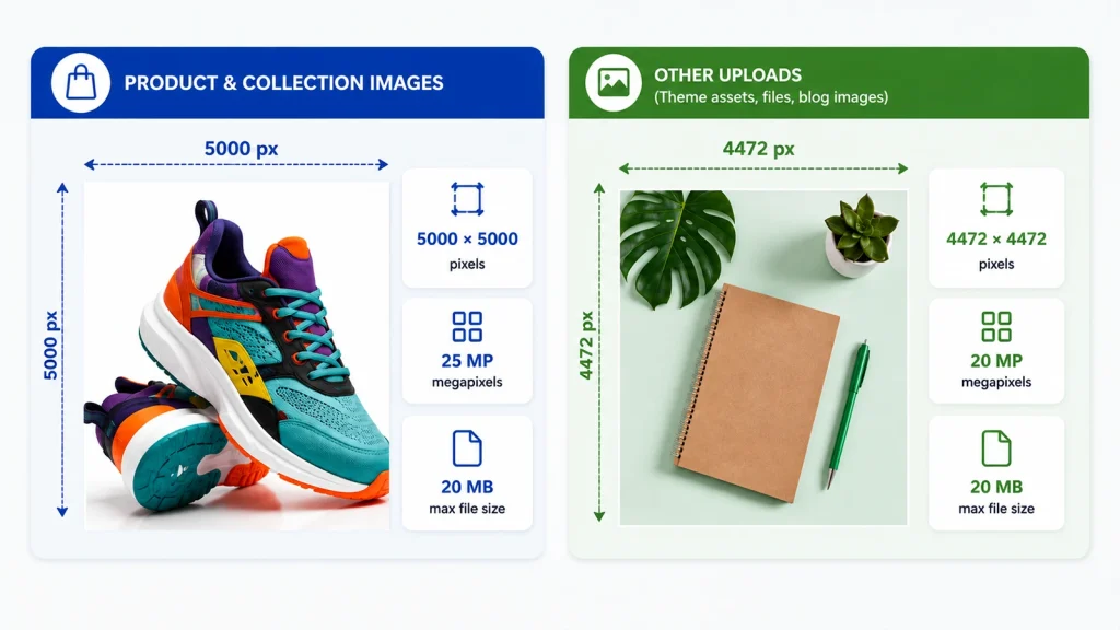 Maximum Shopify product image size showing 5000×5000 pixel and 25 MP limits
