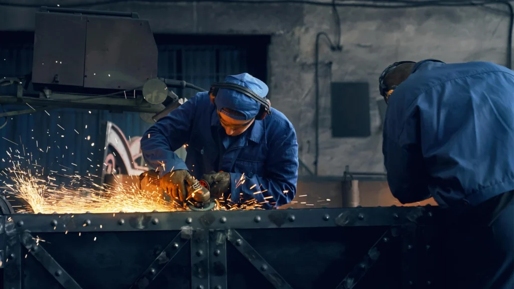 Metal fabrication and steel photography showing workers cutting and shaping metal