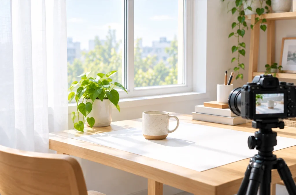 Product photography setup using natural window light, white backdrop, and tripod-mounted camera