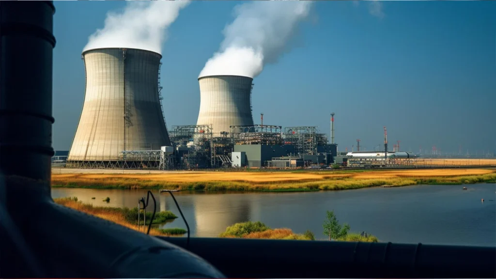 Oil and gas energy photography showing an industrial power facility with cooling towers