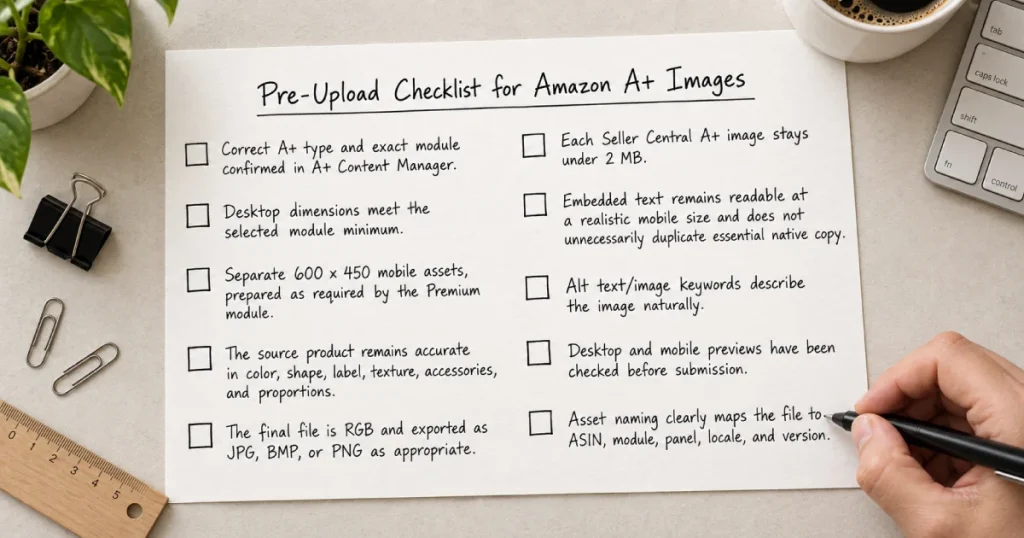 Pre-upload checklist for Amazon A+ Content images covering dimensions, file size, and RGB