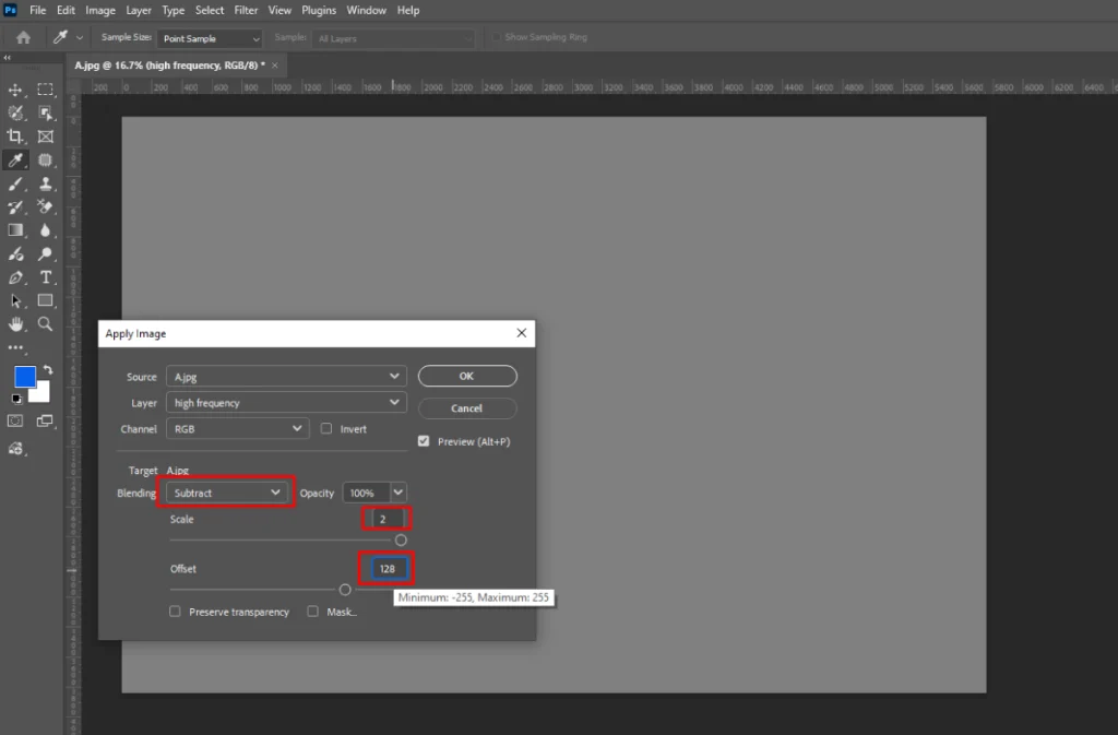 Apply Image settings for 8-bit frequency separation: Subtract blending, scale 2, offset 128