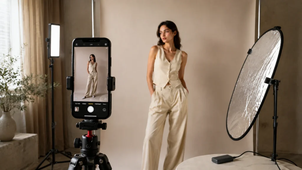 Smartphone fashion photography setup with tripod, diffused LED, reflector, and portable background.