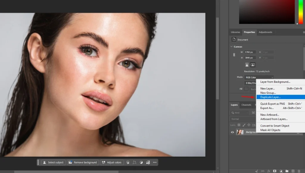 Photoshop Layers panel menu with Duplicate Layer selected to start frequency separation