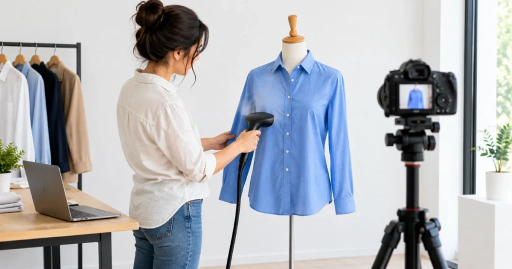 Woman steaming a blue dress shirt on a mannequin before an ecommerce product photoshoot