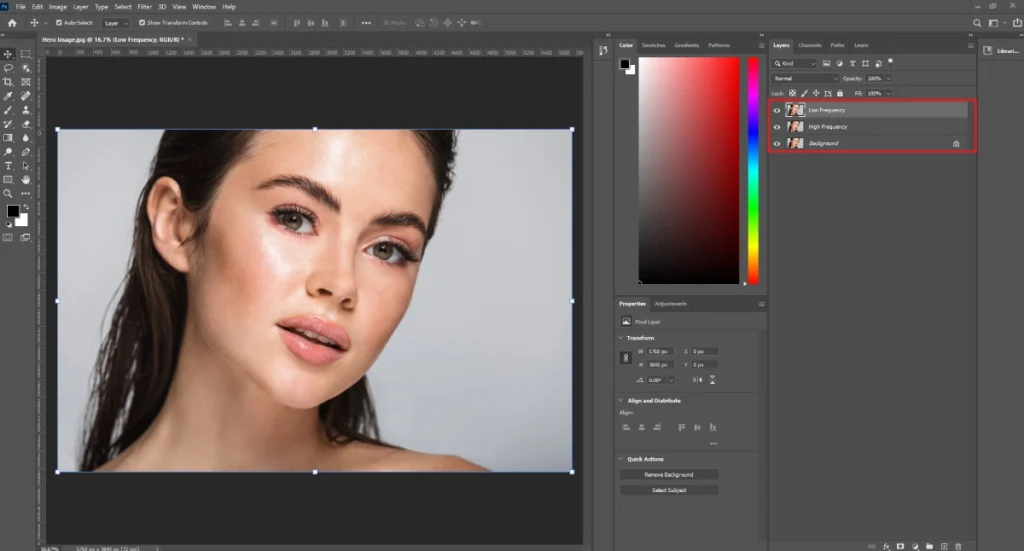 Photoshop layers panel showing Low Frequency, High Frequency and Background layers for frequency separation