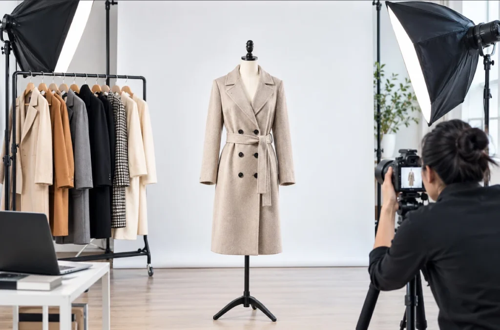 Photographer capturing a belted coat on a mannequin to demonstrate a clothing display method for product photography