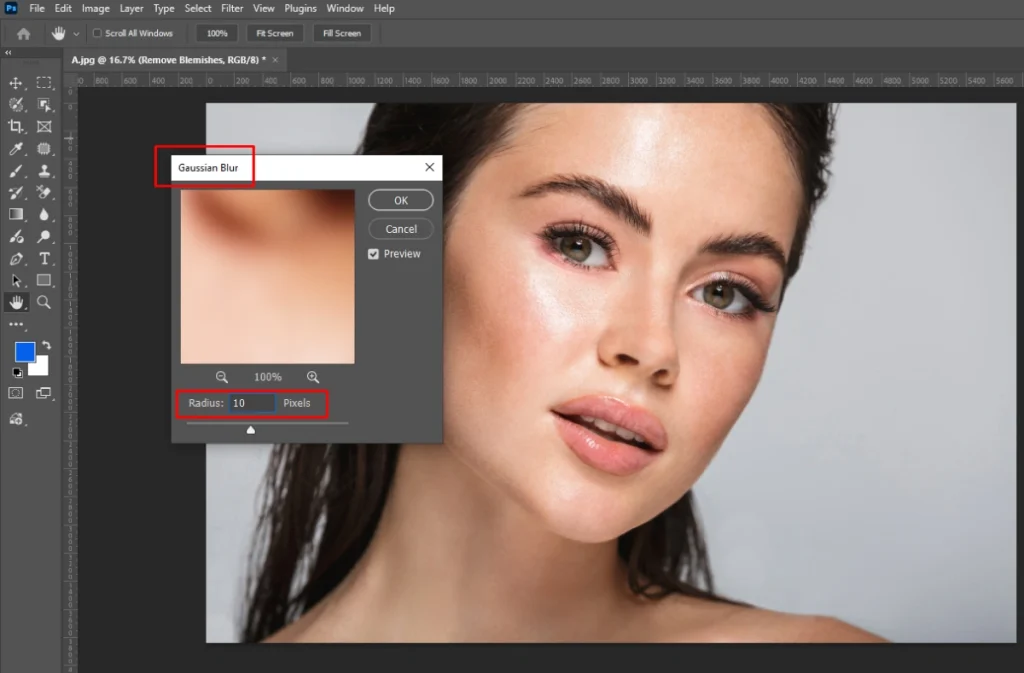 Photoshop Gaussian Blur dialog set to a 10 pixel radius to create the low-frequency layer