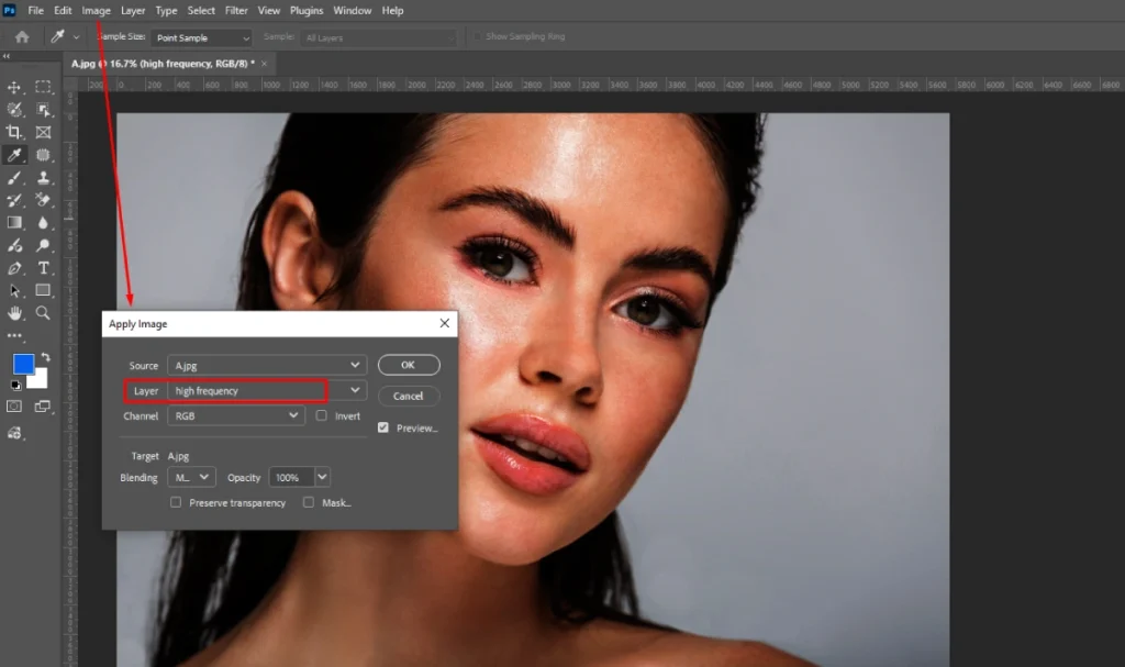 Photoshop Apply Image dialog with the source layer selected to build the high-frequency texture layer