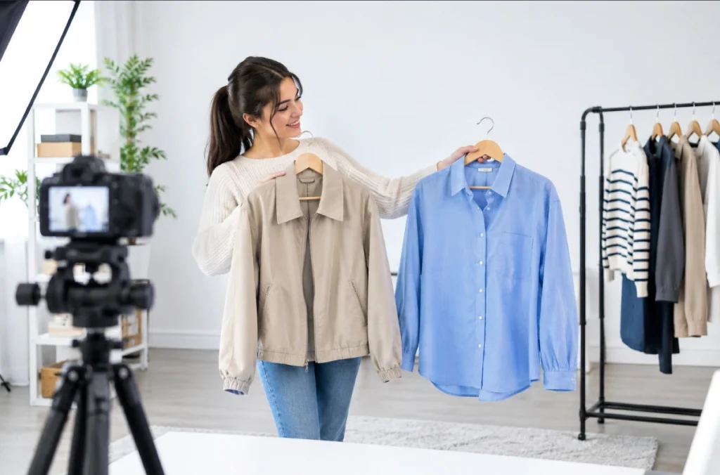 Woman comparing a beige jacket and a blue shirt on hangers while setting up a clothing photography shooting space