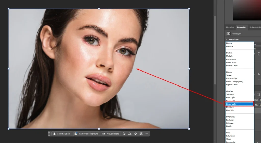 Photoshop blend mode dropdown with Linear Light highlighted on the high-frequency layer