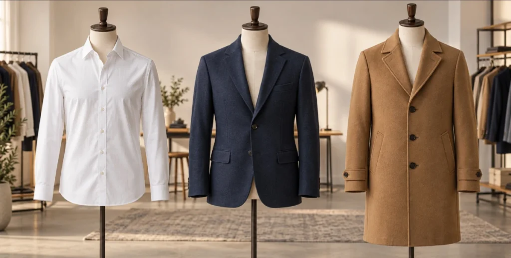 White shirt, navy blazer, and camel coat styled and shaped on mannequin busts for consistent ecommerce product photos