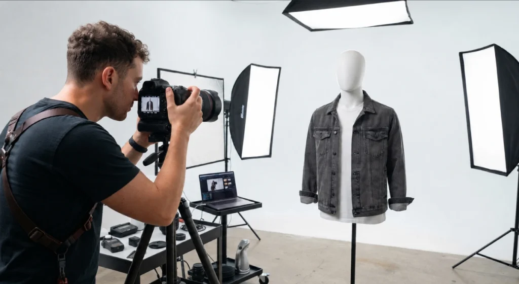 Photographer adjusting camera settings while photographing a denim jacket on a mannequin under softbox lighting