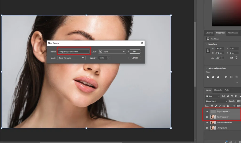 Photoshop New Group dialog naming the grouped high and low frequency layers "Frequency Separation