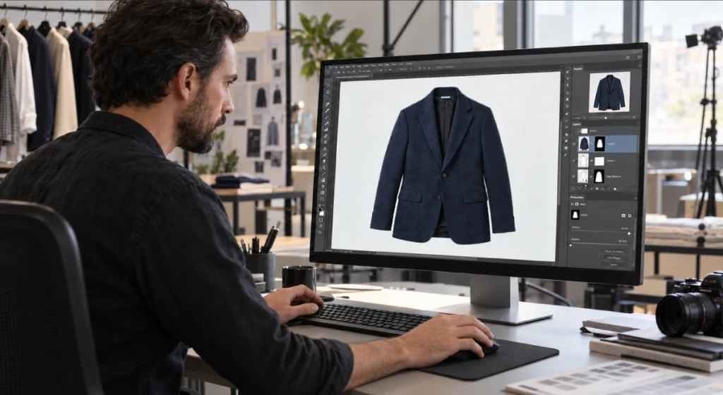 Photo editor retouching a navy blazer product image in Photoshop for consistent ecommerce catalog export