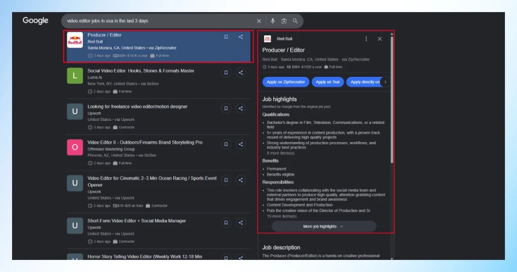 Google job listings highlighting growing demand for video editor roles including a Red Bull opening