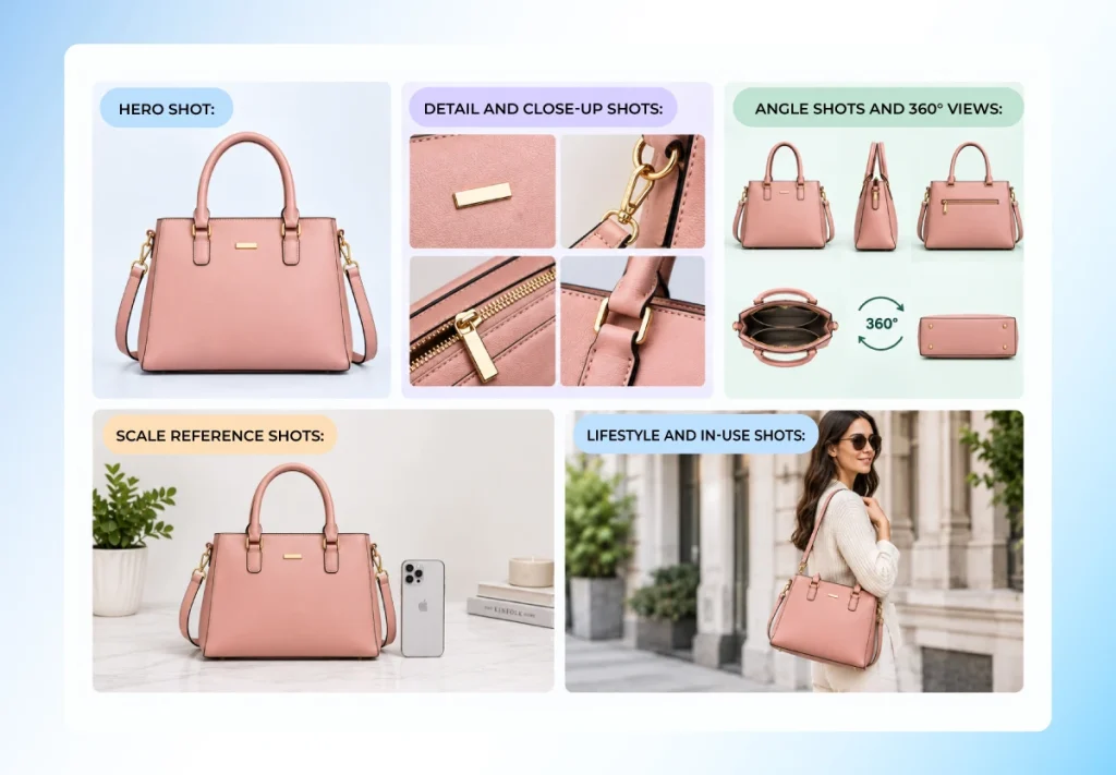 Product photography shot list showing hero, detail, angle, scale reference, and lifestyle shots