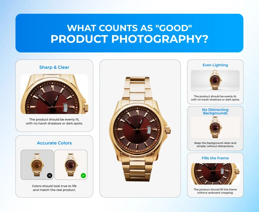 Gold wristwatch demonstrating sharp, evenly lit, accurately colored product photography on a clean background