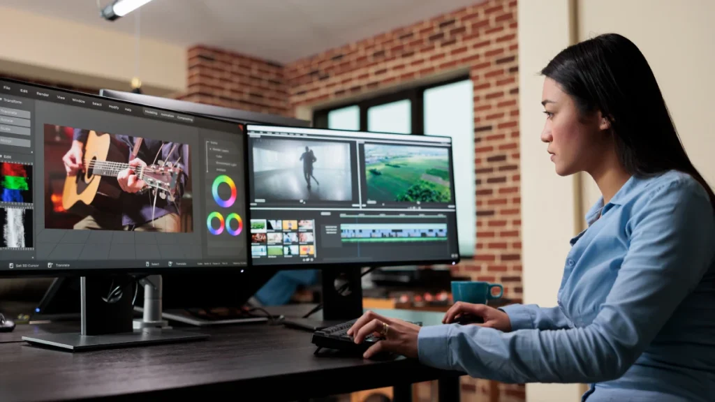 Video editor color grading footage on a dual-monitor workstation with color wheels