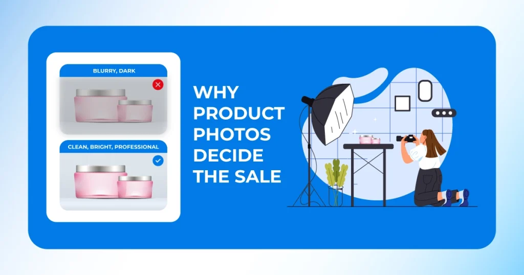 Product photography setup showing a photographer capturing clean, bright product images for e-commerce