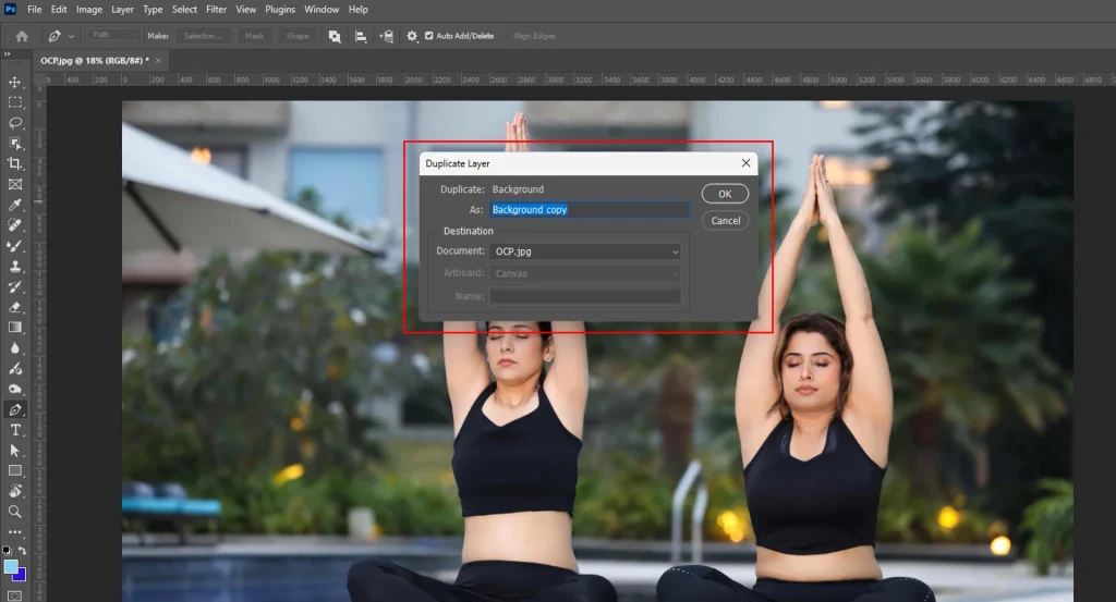 Photoshop Duplicate Layer dialog box naming the Background copy layer
