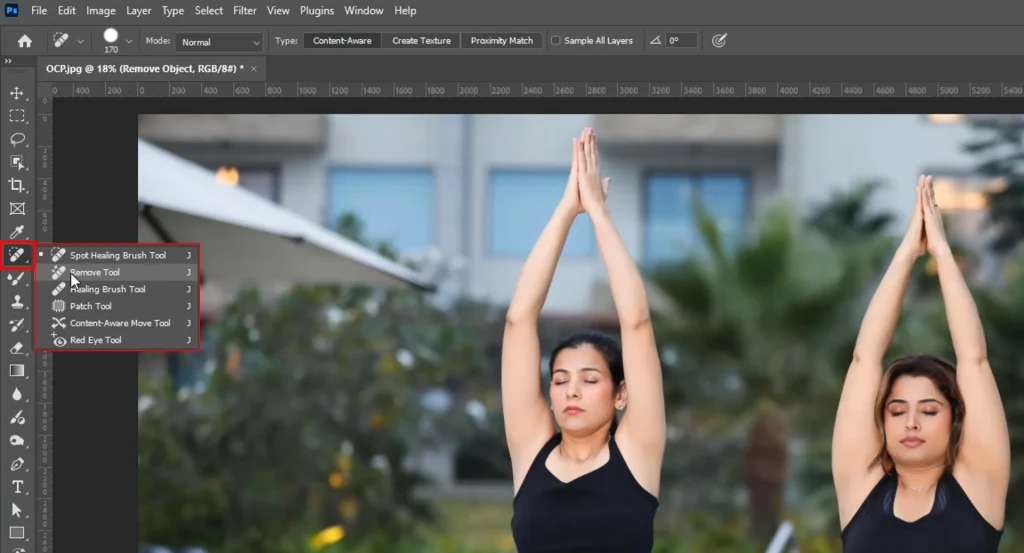 Remove Tool selected in the Photoshop healing tools group on the Tools panel