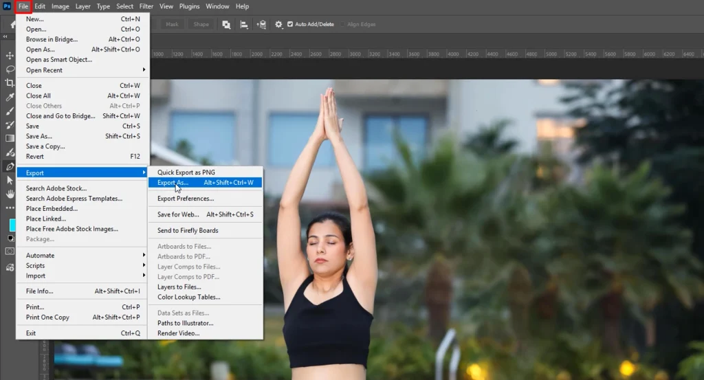File, Export, Export As menu in Photoshop for saving an edited photo
