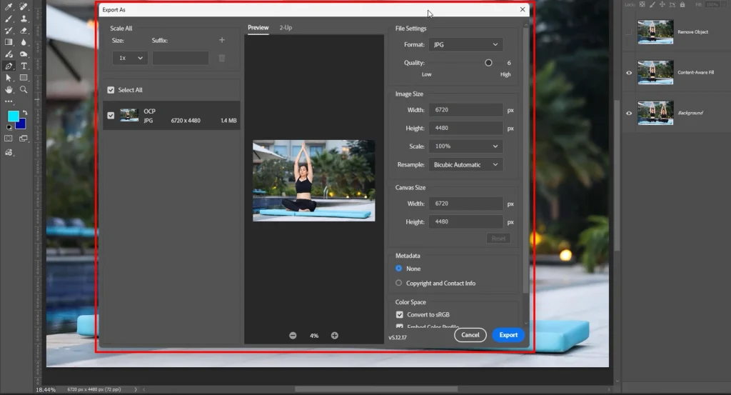 Photoshop Export As dialog showing JPG format, quality and image size settings