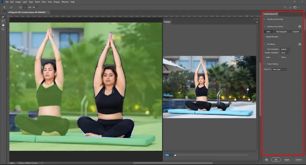 Content-Aware Fill workspace in Photoshop showing the green sampling area and output to new layer