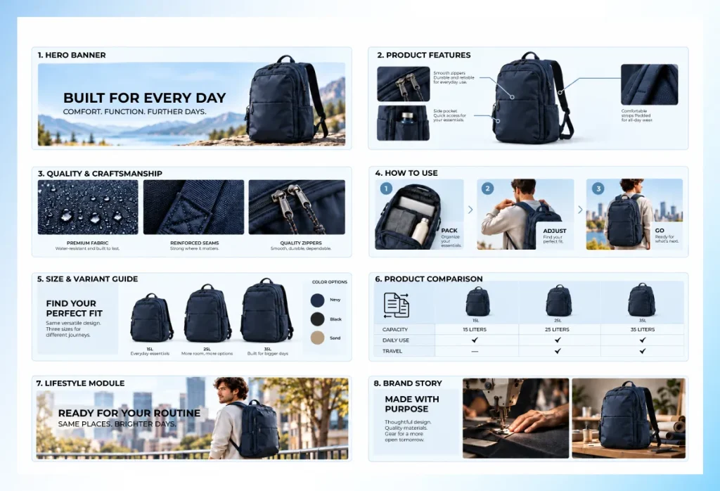 Eight Amazon A+ Content module ideas for a backpack, from hero banner and size guide to comparison chart and brand story
