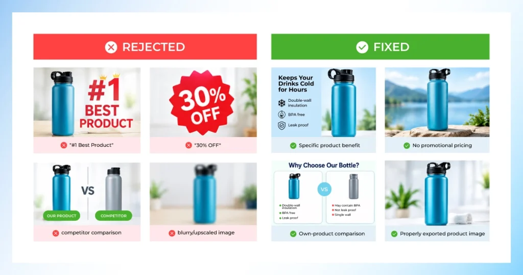 Rejected vs fixed Amazon A+ Content examples for a water bottle: no #1 claims, discounts, rival comparison or blurry images
