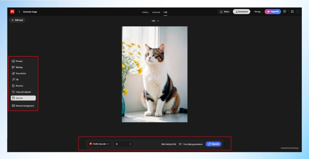 Adobe Firefly editor with the Upscale tool set to 2x to enhance a cat photo with AI