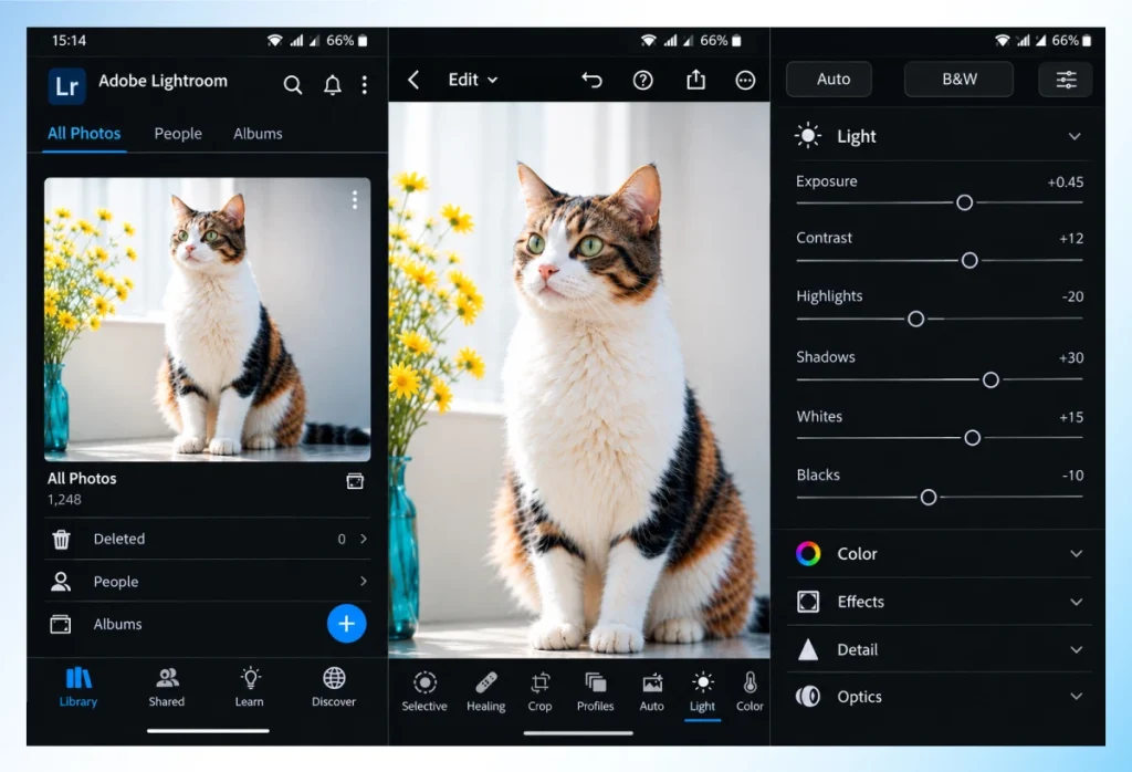 Adobe Lightroom mobile app screens showing the photo library, edit view, and light sliders