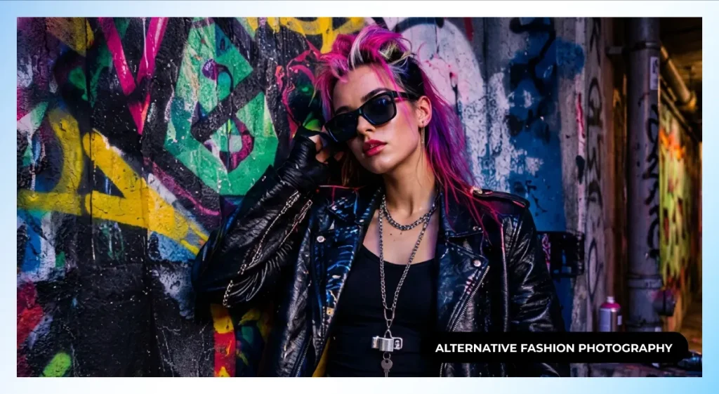 Model with pink and purple hair, black leather jacket, chains and sunglasses in front of a graffiti wall, alternative fashion photography