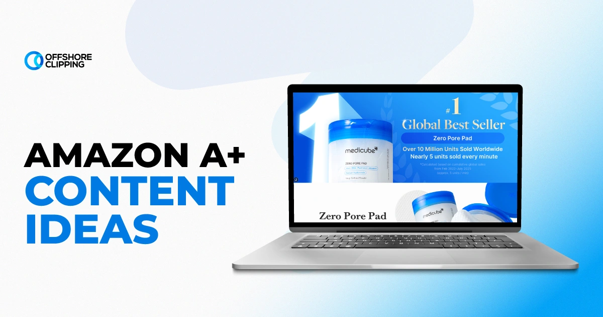Amazon A+ Content ideas banner with a laptop showing a skincare product hero module on a product page