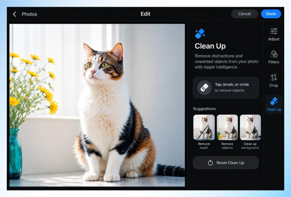 Apple Photos Clean Up tool with Apple Intelligence suggestions for removing objects from a cat photo