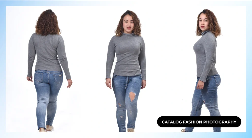 Model in a gray turtleneck and jeans shown from back, front and side on white, catalog fashion photography