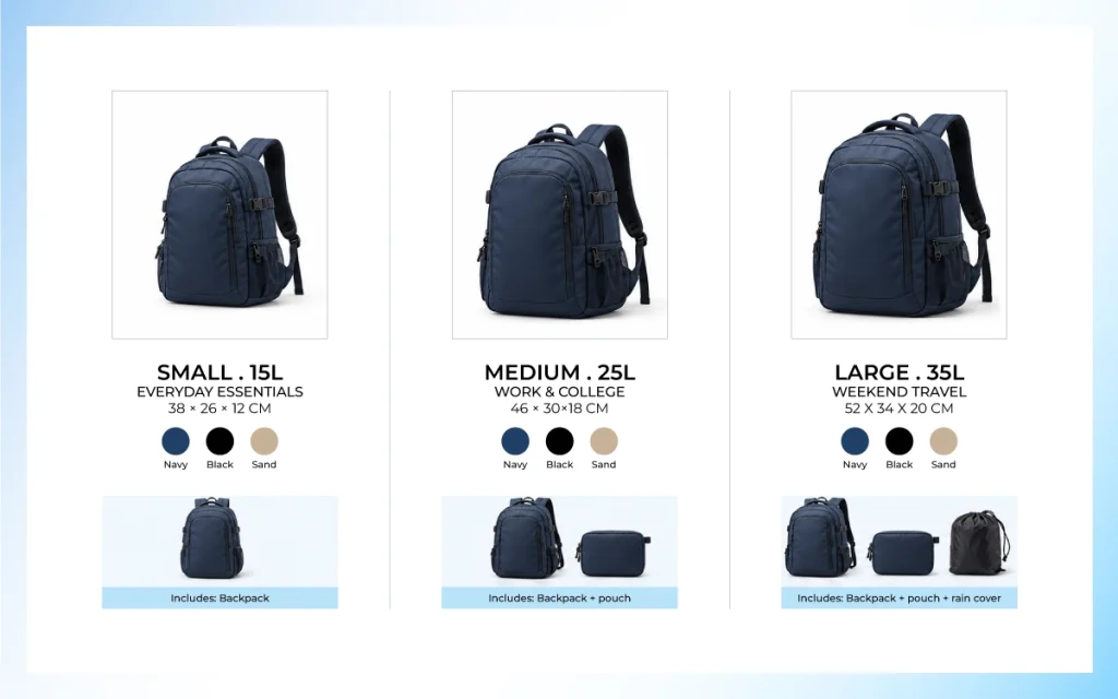 Amazon A+ Content size and variant guide comparing 15L, 25L and 35L backpacks with dimensions, colors and bundle contents