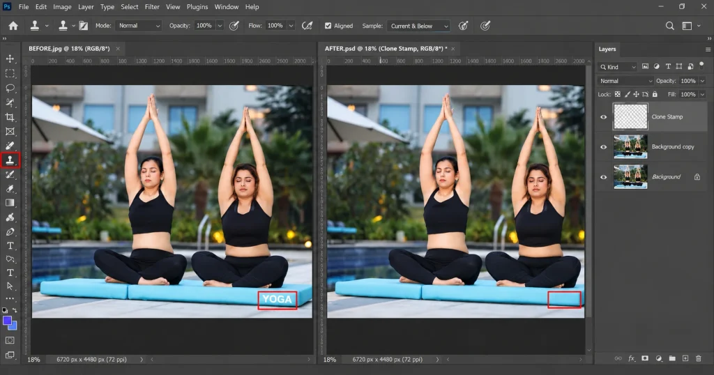 Before and after Photoshop Clone Stamp removing the YOGA text from the mat