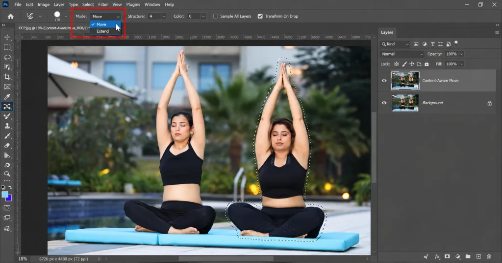 Photoshop Content-Aware Move tool options bar with the Mode dropdown showing Move and Extend