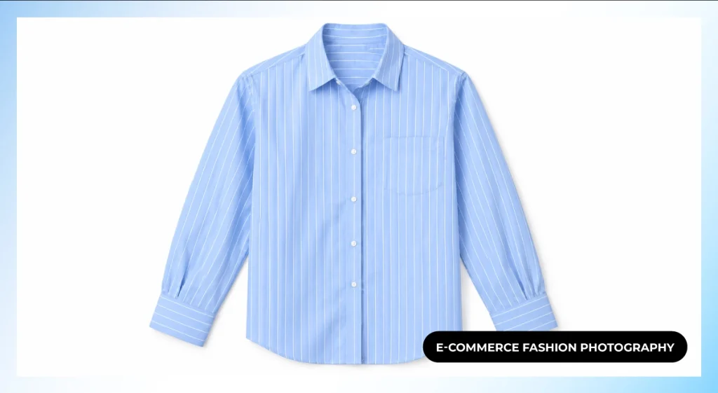 Blue striped button-up shirt on a white background, e-commerce fashion product photography