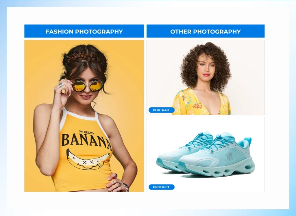 Fashion photo of a model in a yellow top and sunglasses beside a portrait photo and a sneaker product photo