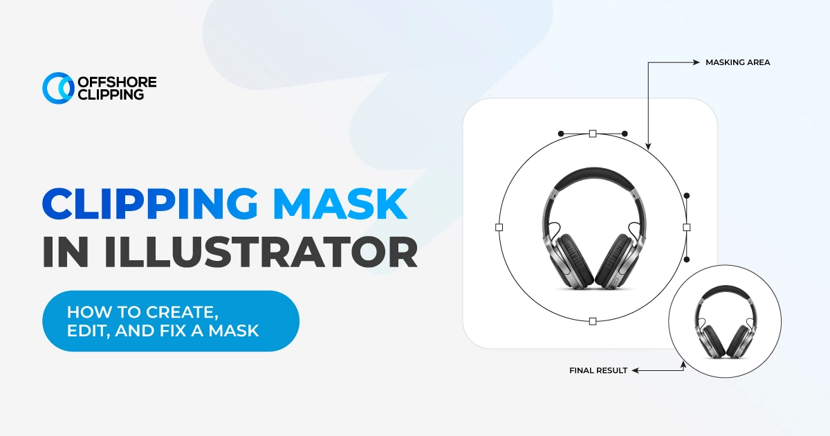 Clipping mask in Illustrator cropping a headphones product photo into a circle, showing masking area and final result