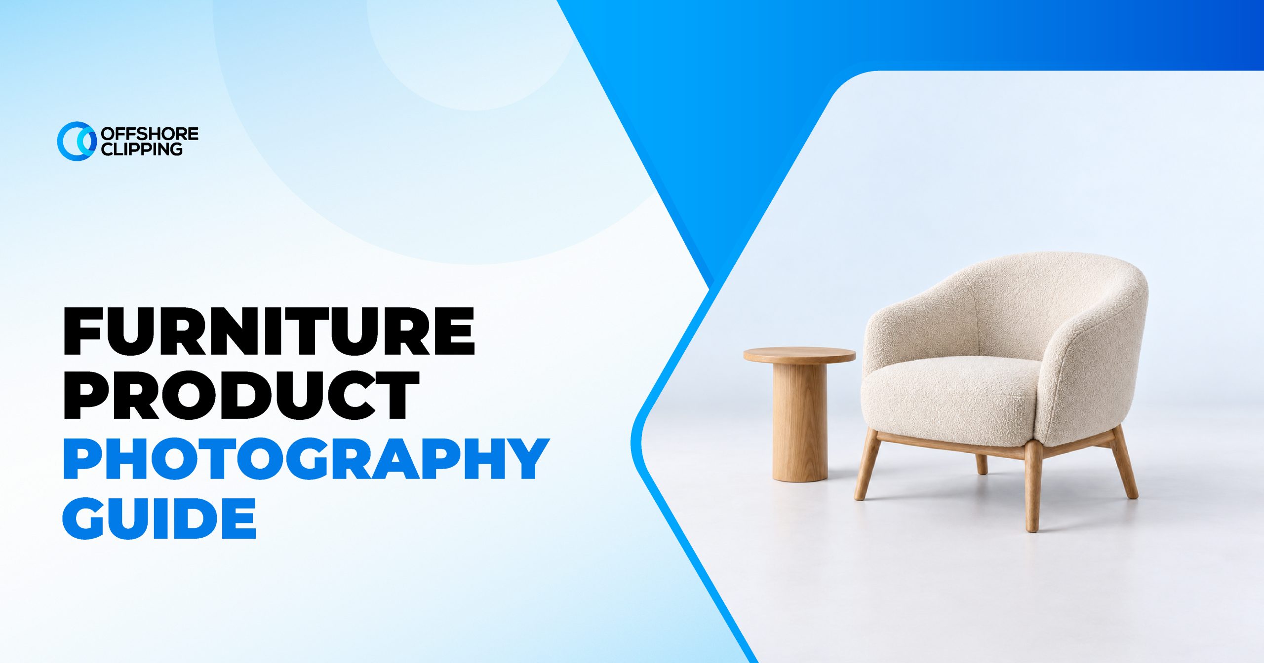 furniture-product-photography-guide-types-equipment-process-ai-tools 01 Furniture product photography guide cover with a cream boucle armchair and wooden side table on a clean studio backdrop
