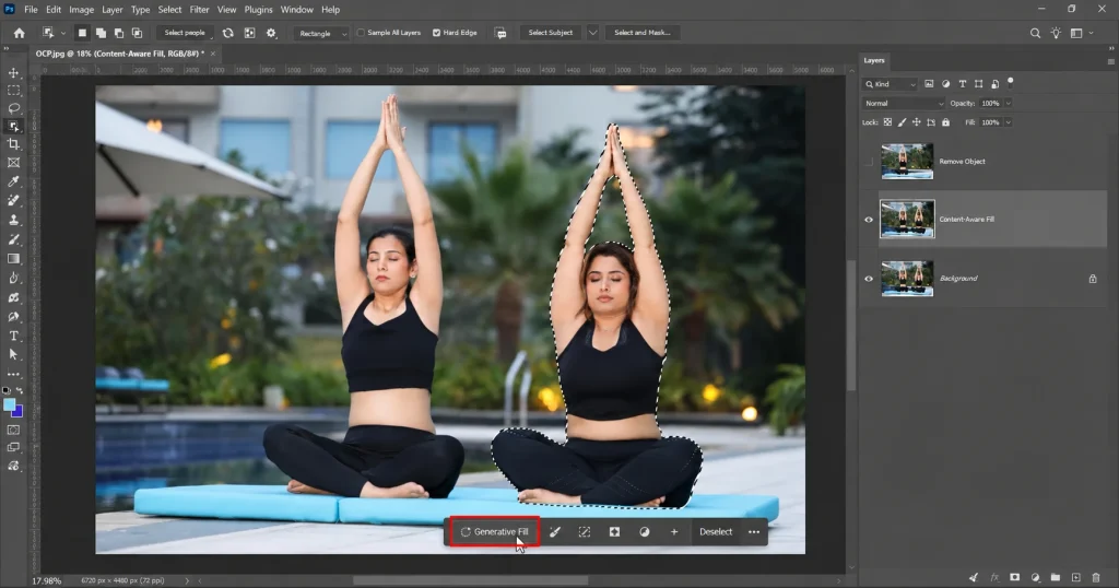 Generative Fill button in the Photoshop contextual toolbar under a selected person