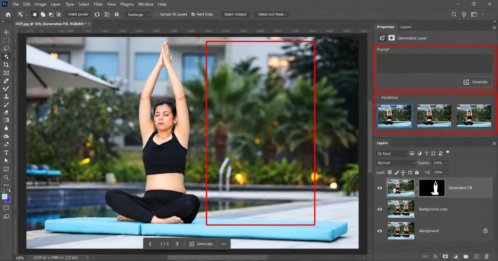 Photoshop Properties panel with a blank Generative Fill prompt and three variations