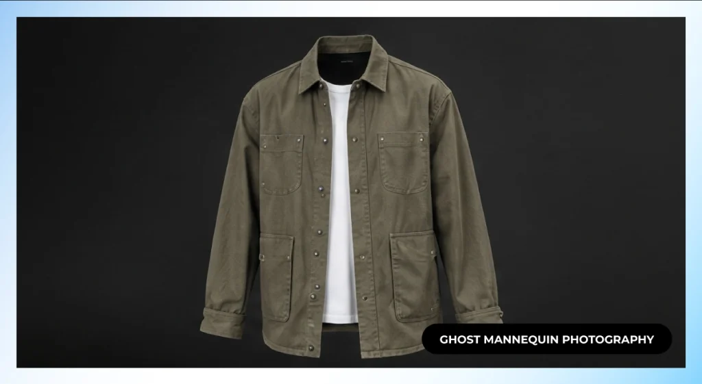 Olive utility jacket with chest pockets over a white tee on a black background, ghost mannequin photography