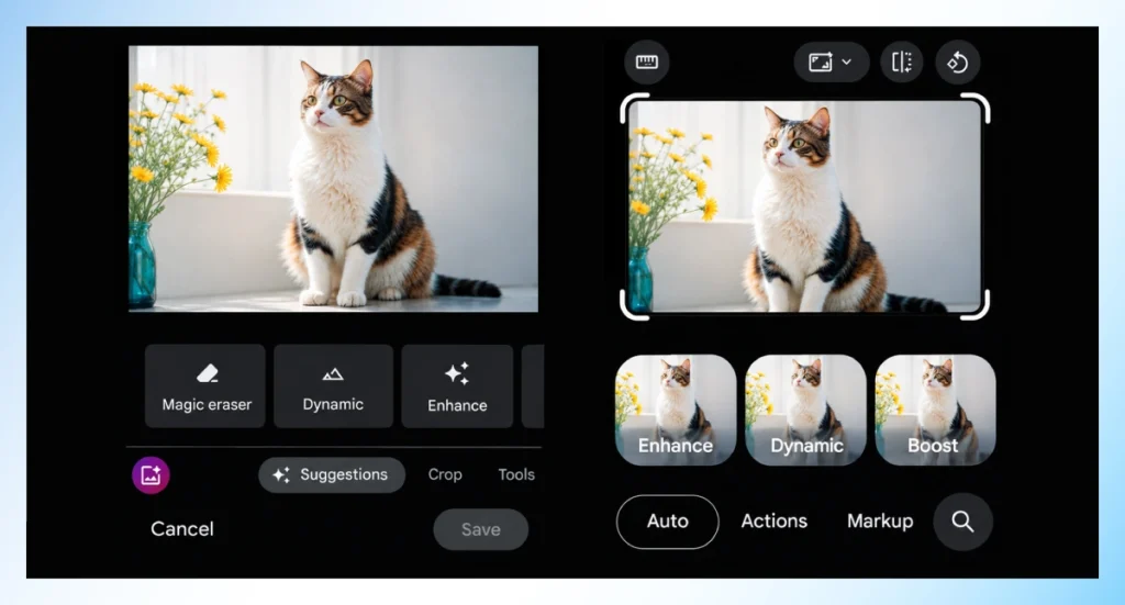 Google Photos Magic Editor showing Enhance, Dynamic, and Boost options on a cat photo
