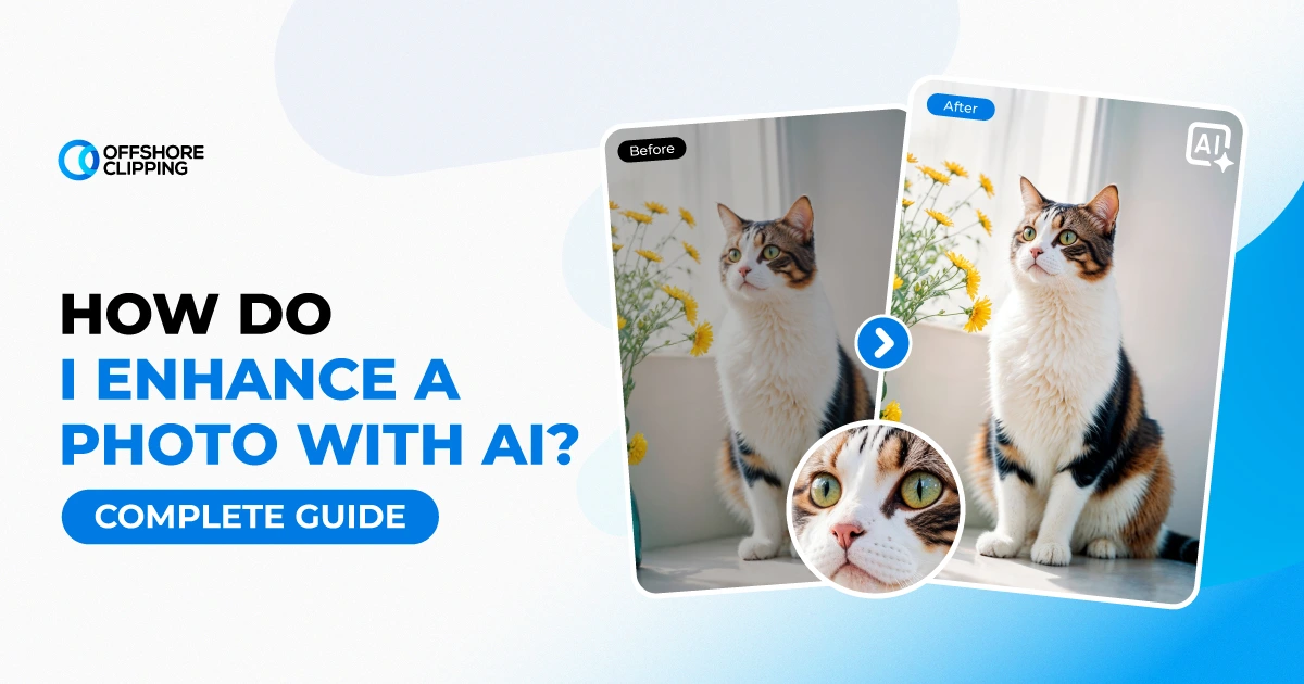 how-do-i-enhance-a-photo-with-ai-complete-guide 01 Before and after comparison of a cat photo enhanced with AI, with a close-up of the sharpened eyes