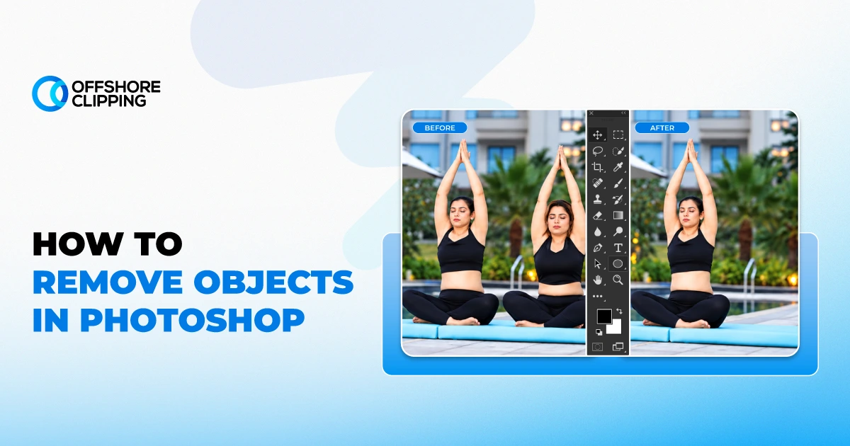 Before and after comparison of removing an object in Photoshop, with the extra person removed from a yoga group photo